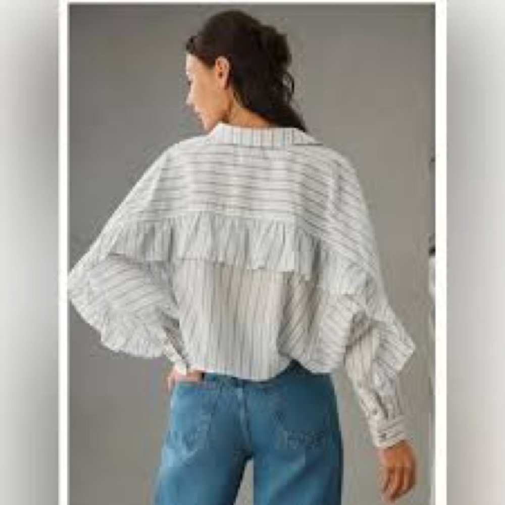 Anthropologie Pilcro batwing cropped stripe Button down blue white  XL ruffle - Picture 2 of 12